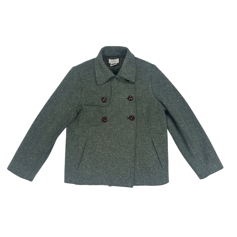 LL Bean Womens Large Petite Green Wool Silk Blend Tweed Double Breasted Pea Coat